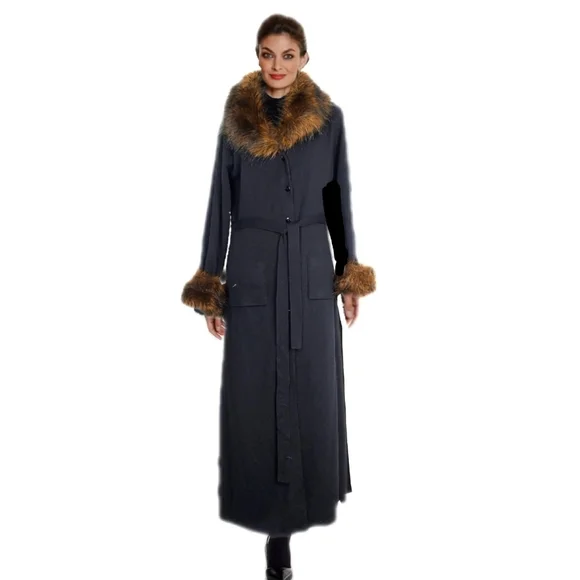 Nancy Bolen Womens Belted Black Wool Mix Faux Fur Collar Cuffs Coat Sz M EUC - Picture 3 of 9